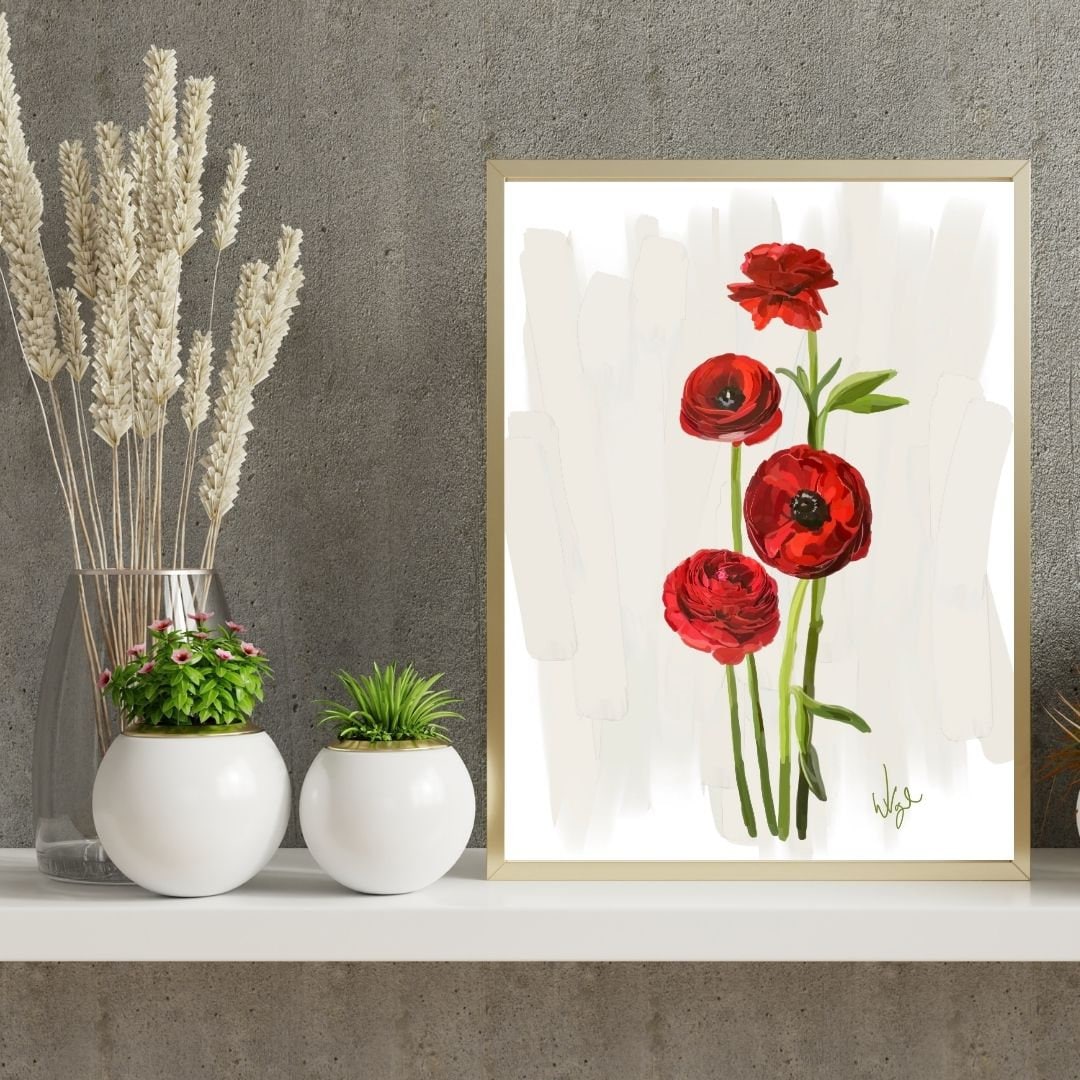 Vibrant Red Ranunculus Flower | Framed Botanical Art Print
