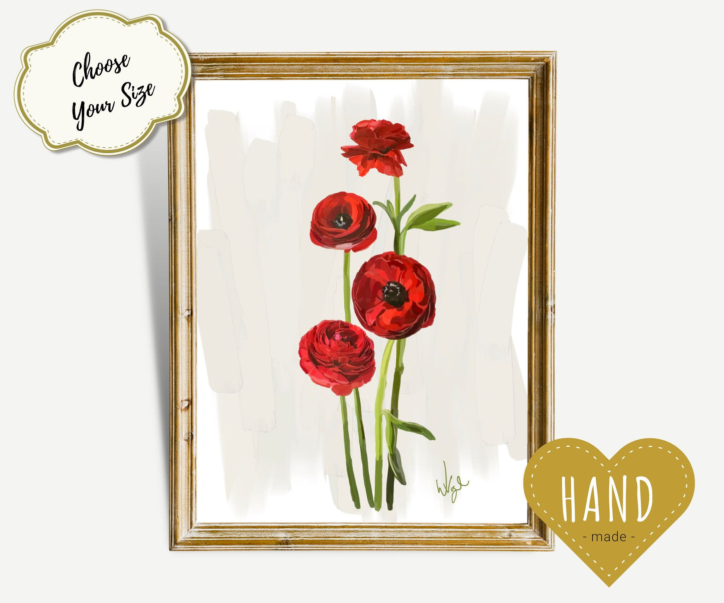 Vivid Red Ranunculus Flowers | Boho Flower Market Poster