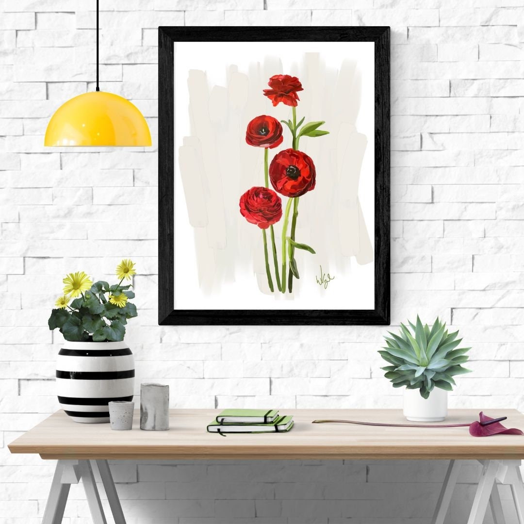 Vivid Red Ranunculus Flowers | Boho Flower Market Poster