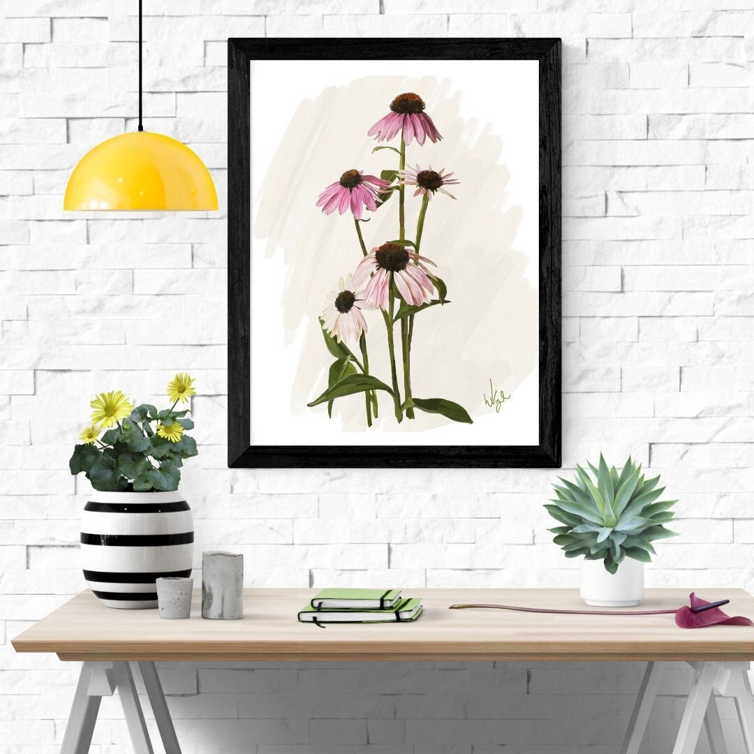 Pink Echinacea Cone Flowers | Boho Flower Market Poster