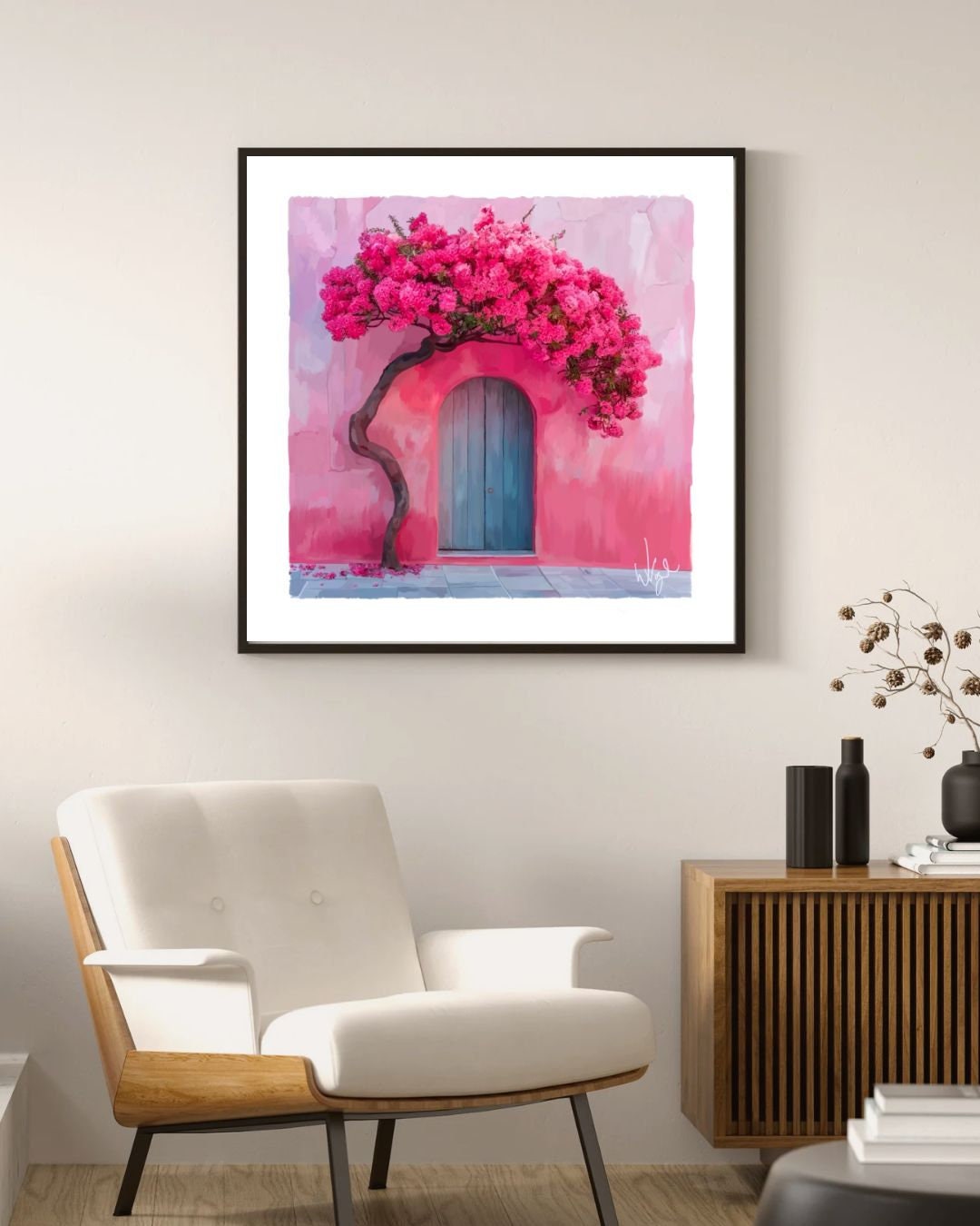 Mediterranean Boho Pink Rustic Door Painting | Framed Maximalist Art Print
