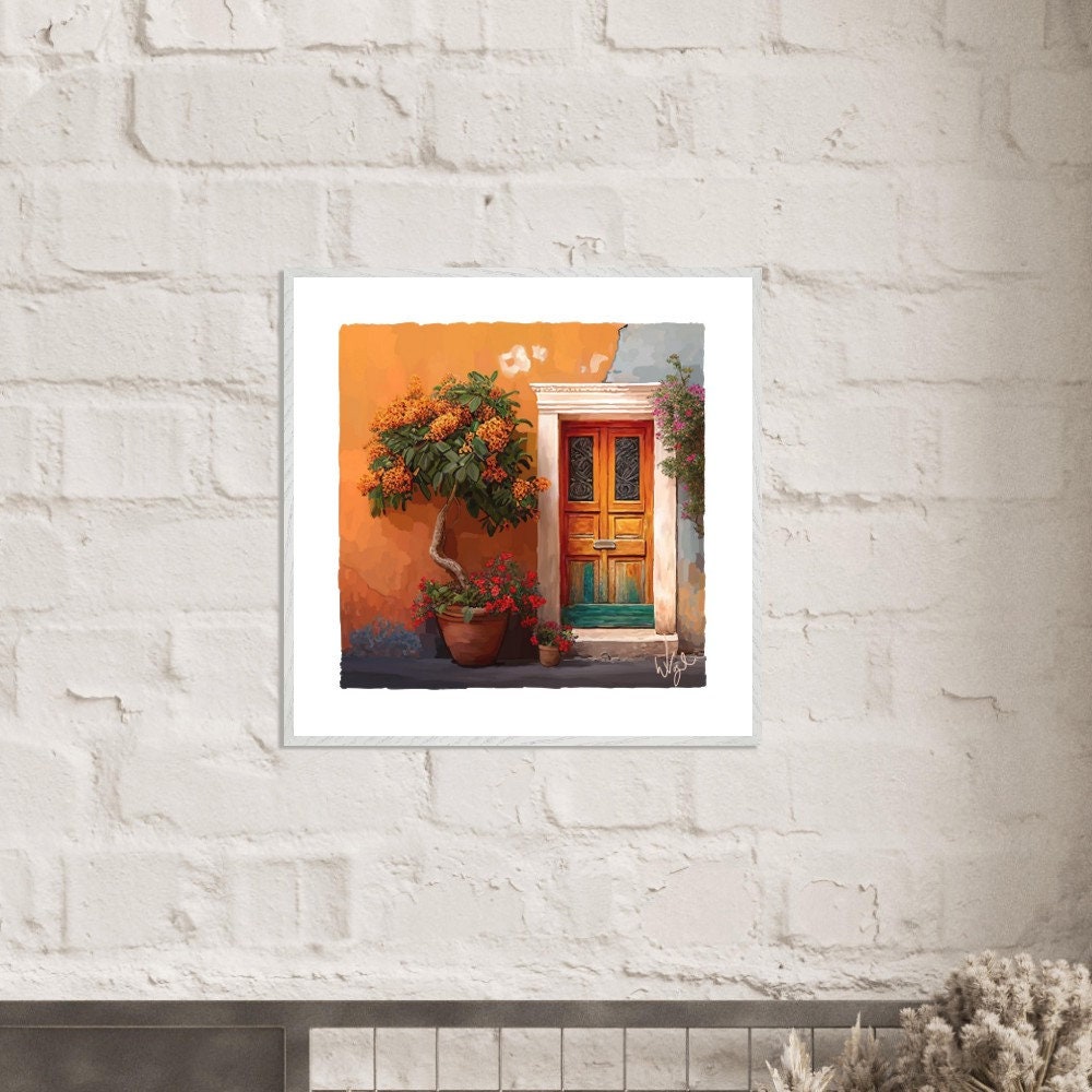 Mediterranean Orange and Teal Rustic Door Painting | Framed Maximalist Art Print