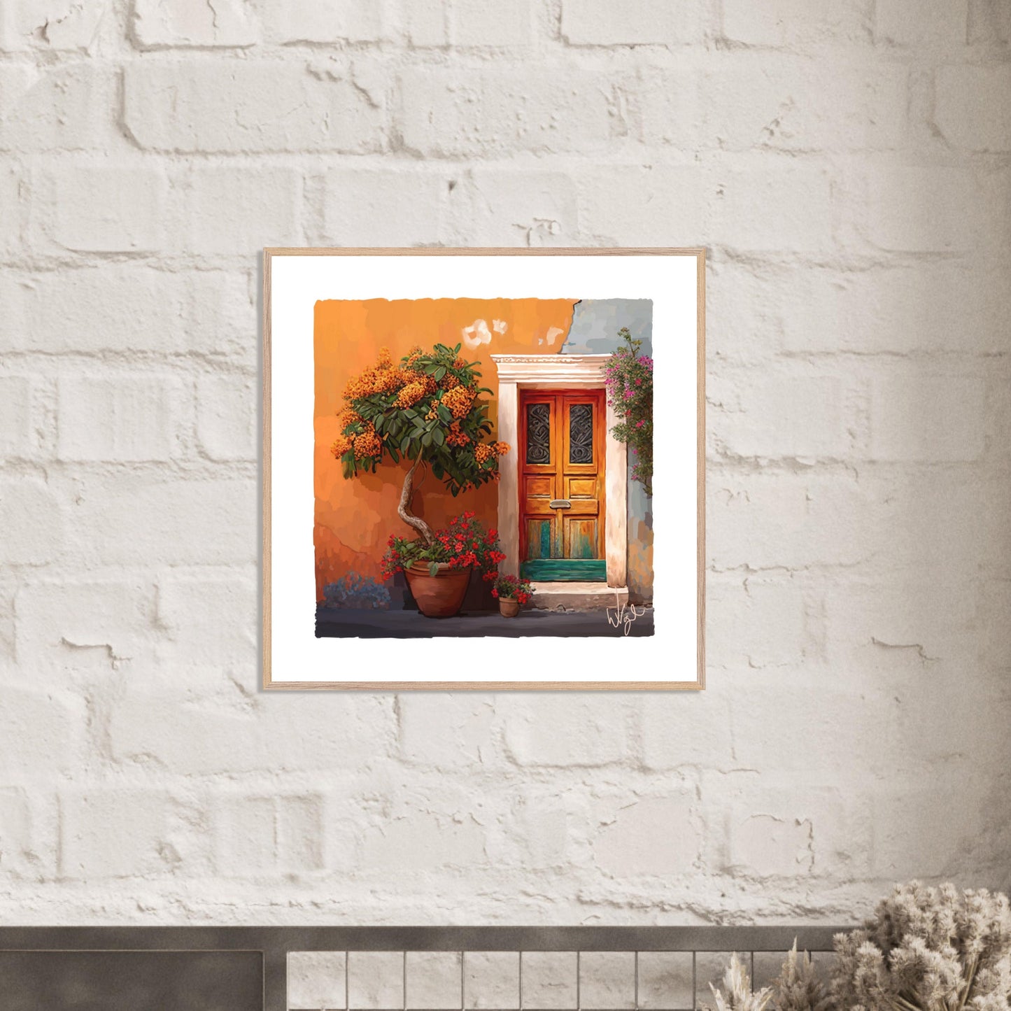 Mediterranean Orange and Teal Rustic Door Painting | Framed Maximalist Art Print