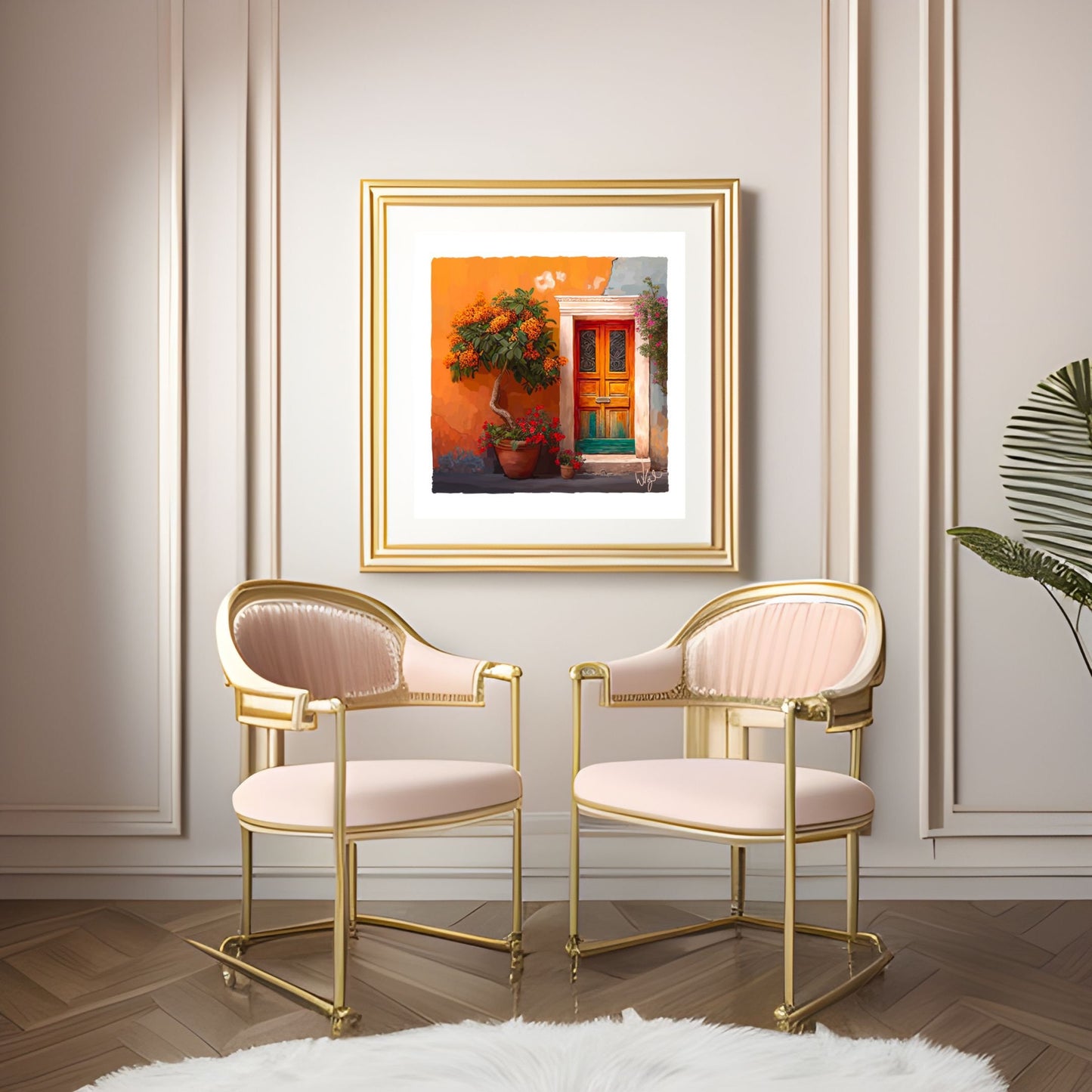 Mediterranean Orange and Teal Rustic Door Painting | Framed Maximalist Art Print