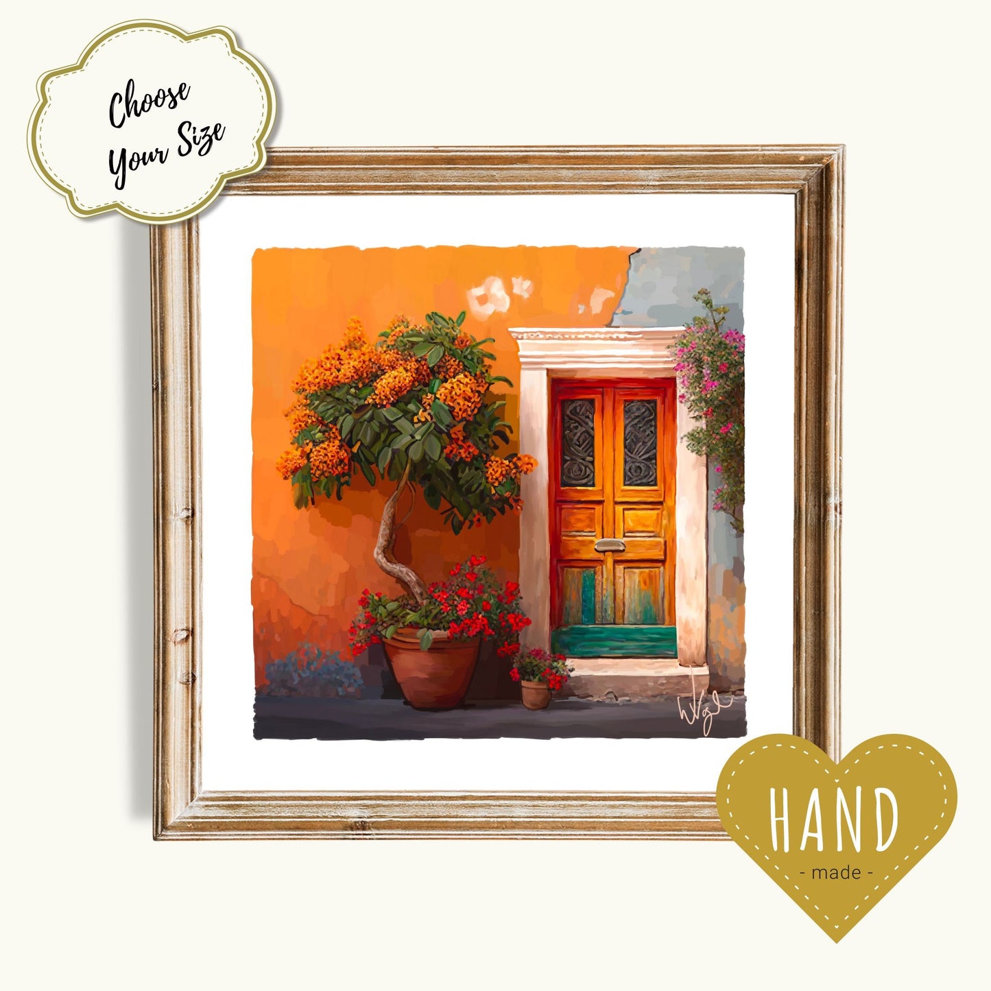 Mediterranean Orange and Teal Rustic Door Painting | Framed Maximalist Art Print