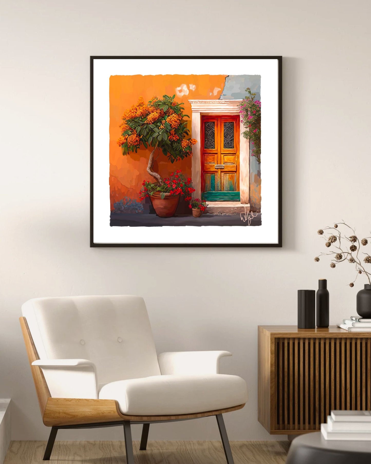 Mediterranean Orange and Teal Rustic Door Painting | Framed Maximalist Art Print
