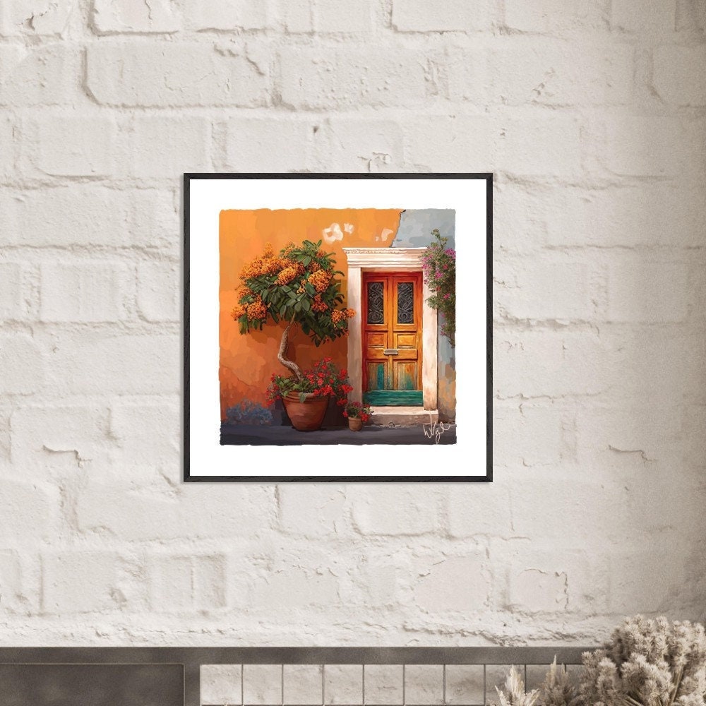 Mediterranean Orange and Teal Rustic Door Painting | Framed Maximalist Art Print