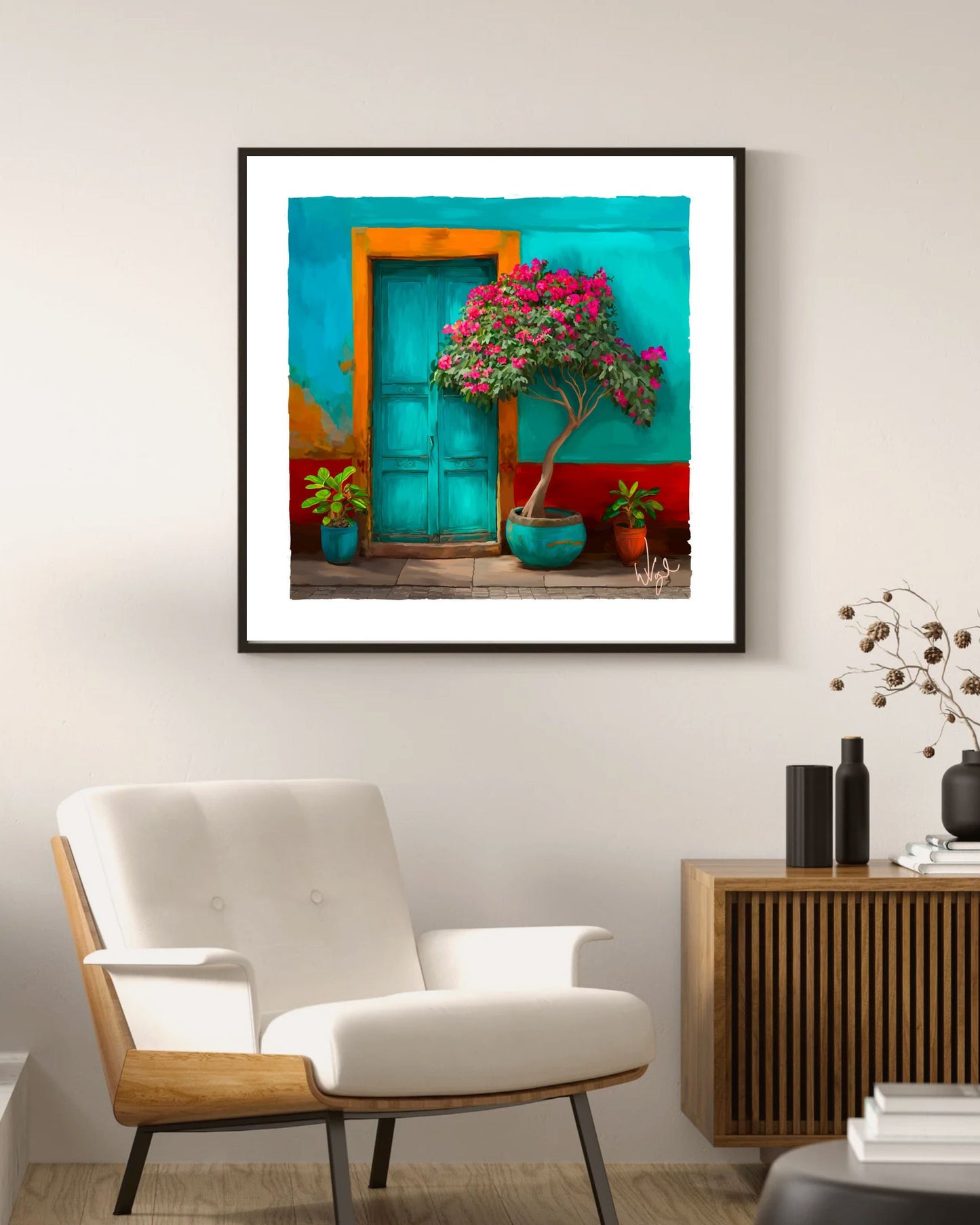 Turquoise and Red Mexican Door Painting | Framed Maximalist Art Print