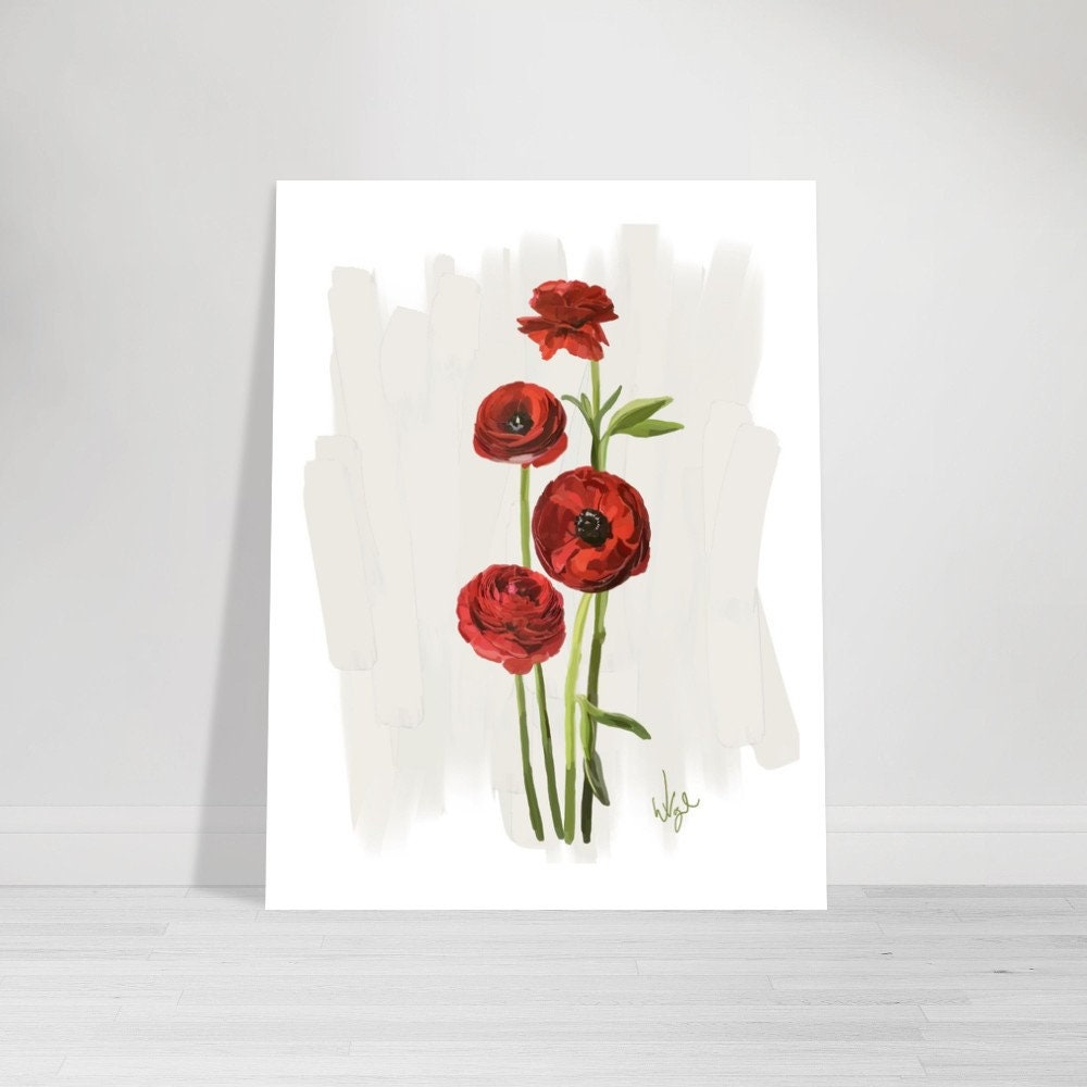 Vivid Red Ranunculus Flowers | Boho Flower Market Poster
