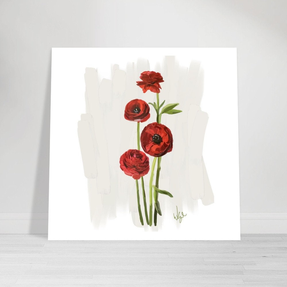 Vivid Red Ranunculus Flowers | Boho Flower Market Poster