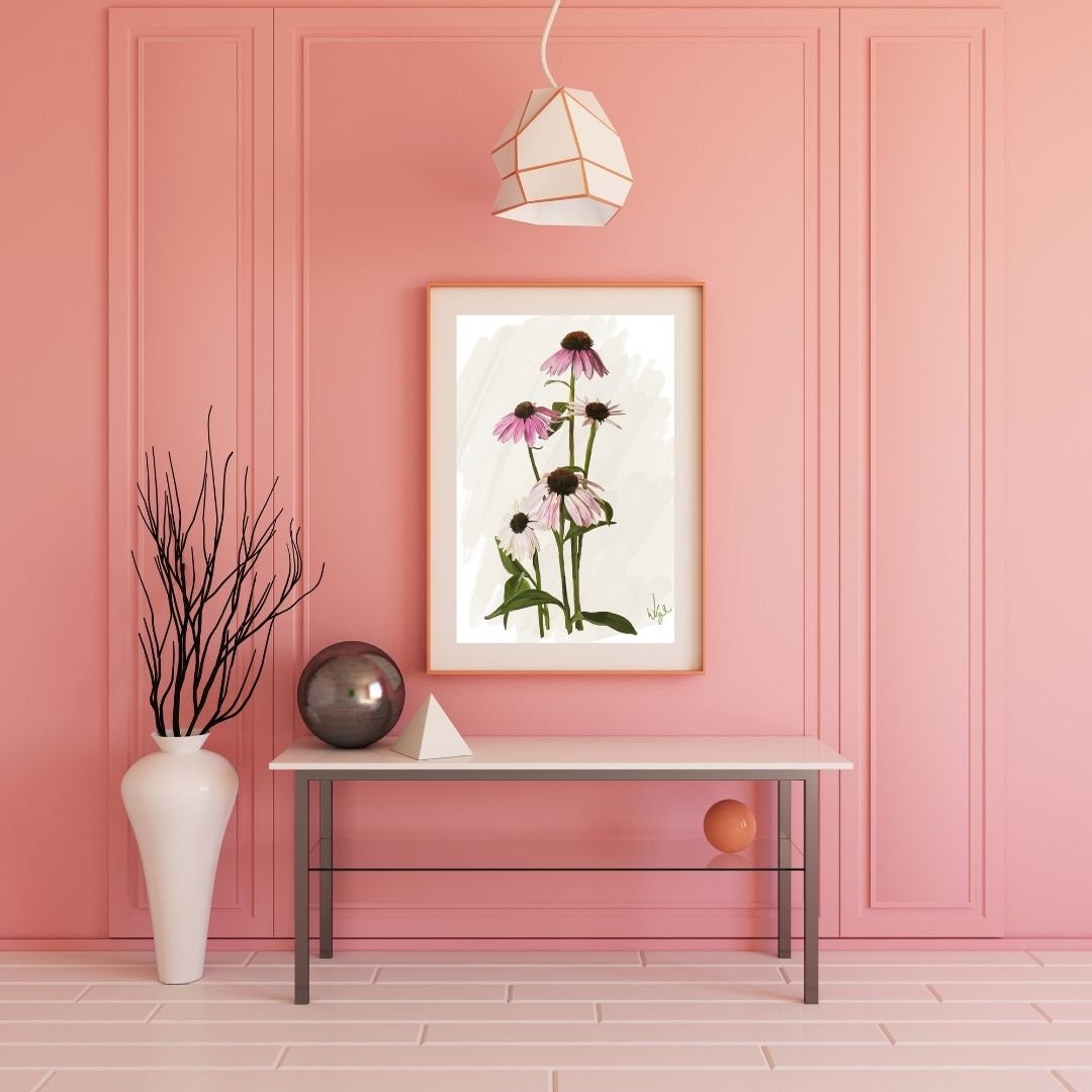 Pink Echinacea Cone Flowers | Boho Flower Market Poster