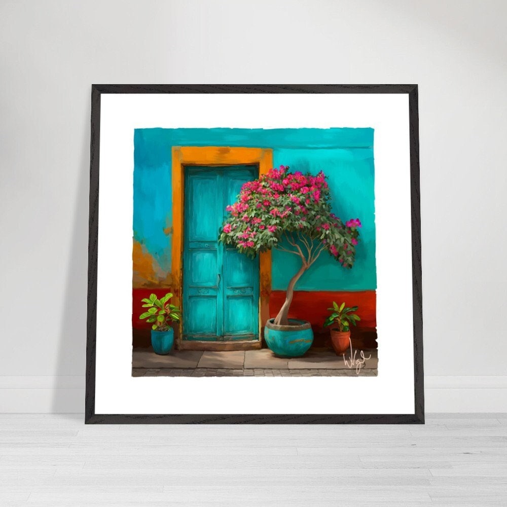 Turquoise and Red Mexican Door Painting | Framed Maximalist Art Print