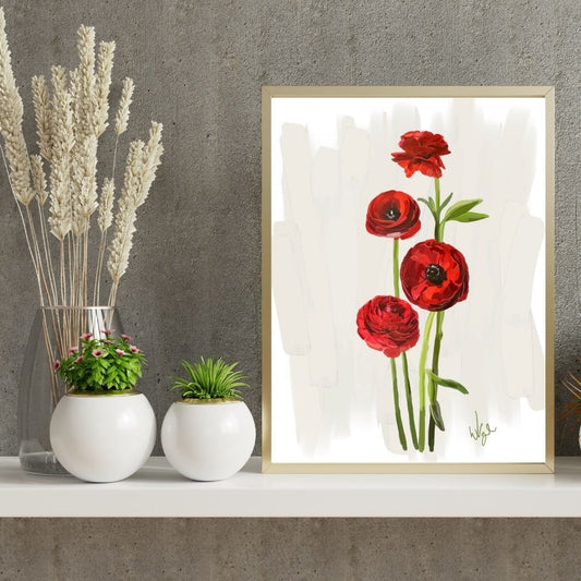Vibrant Red Ranunculus Flower | Framed Botanical Art Print