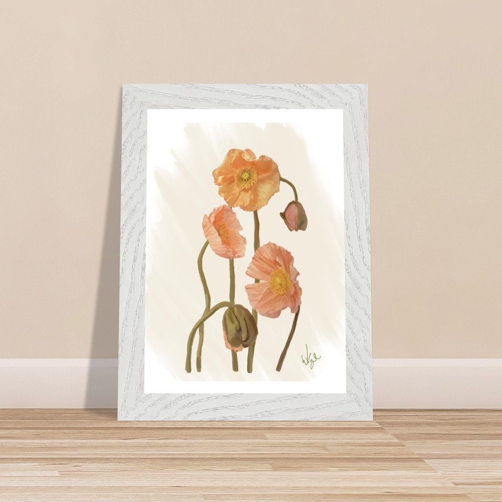 Vintage Botanical Coral Poppies | Framed Art Print