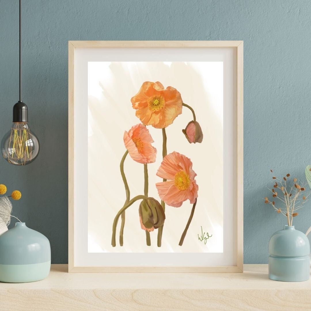 Vintage Botanical Coral Poppies | Framed Art Print