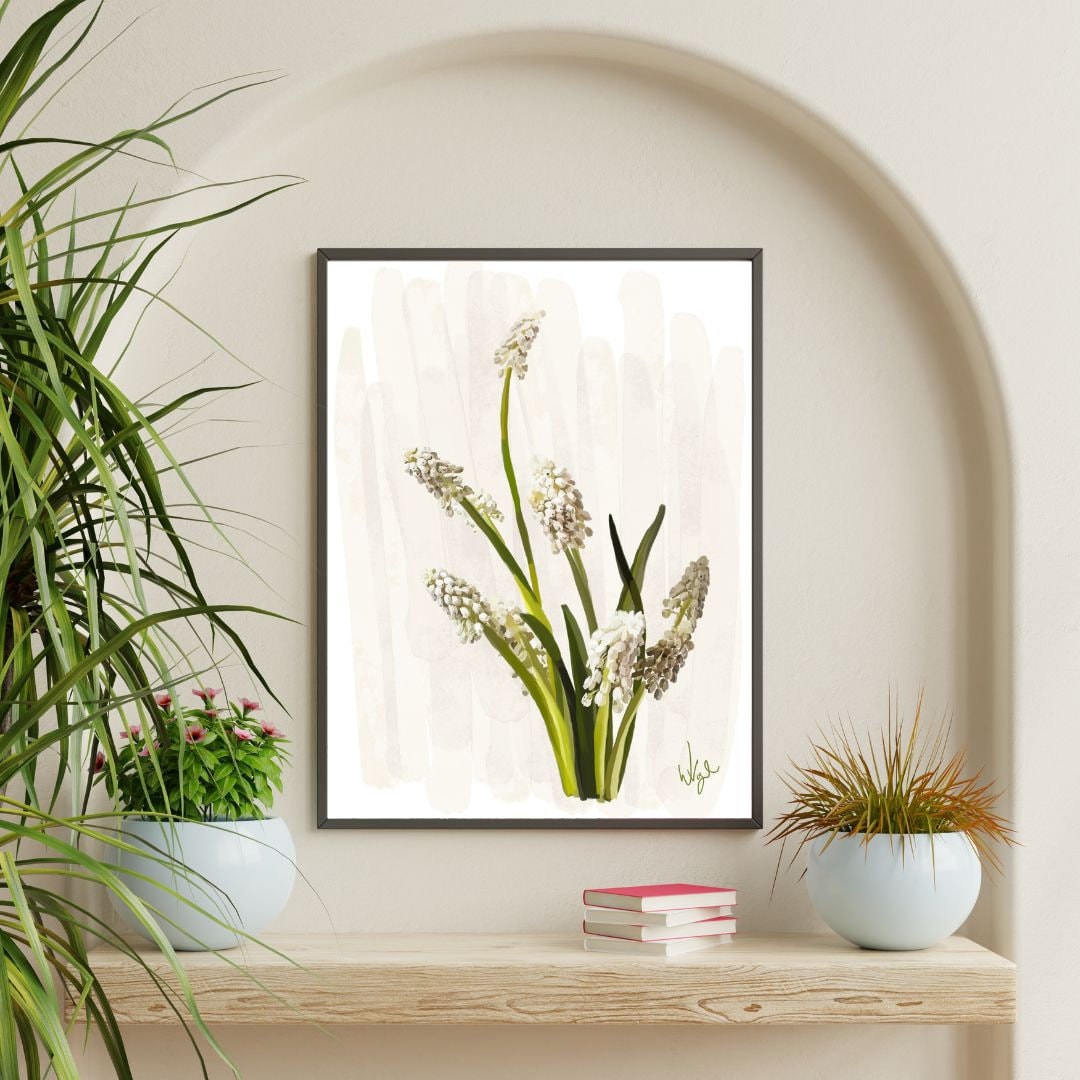 Minimalist White Muscari Wildflowers | Framed Botanical Art Print