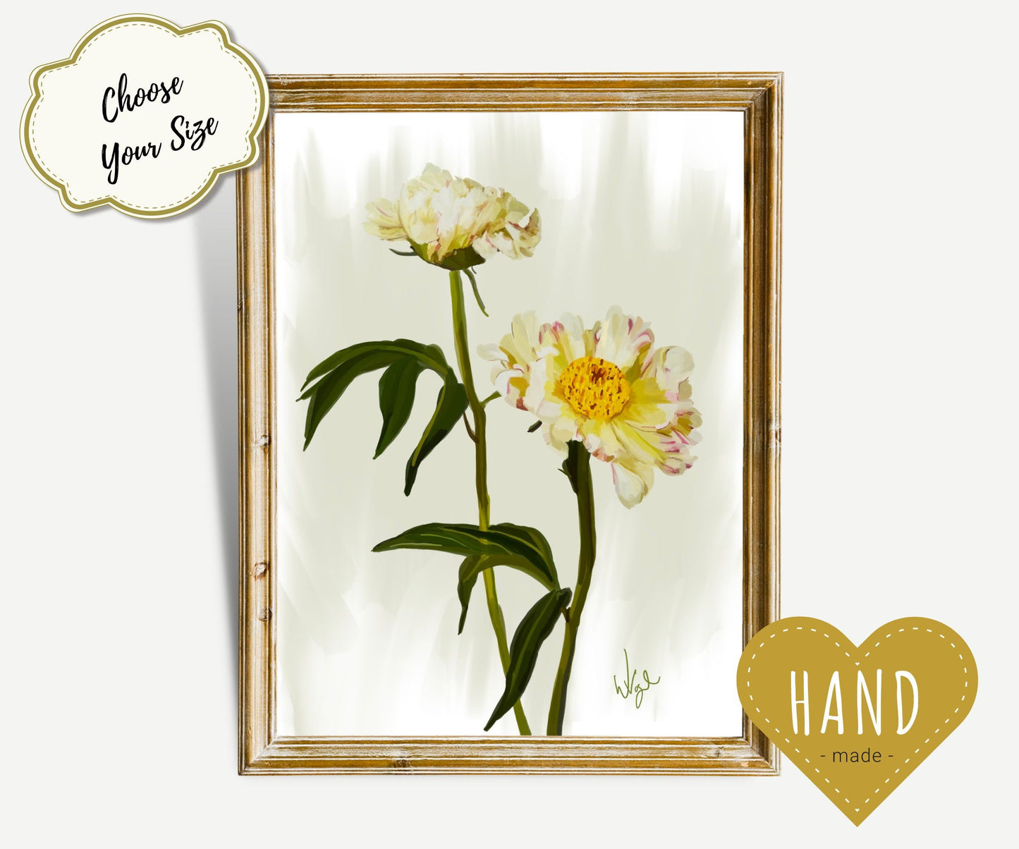Minimalist White and Yellow Peony Flowers | Boho Flower Market Poster