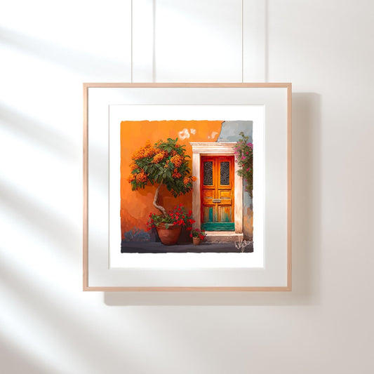 Mediterranean Orange and Teal Rustic Door Painting | Framed Maximalist Art Print