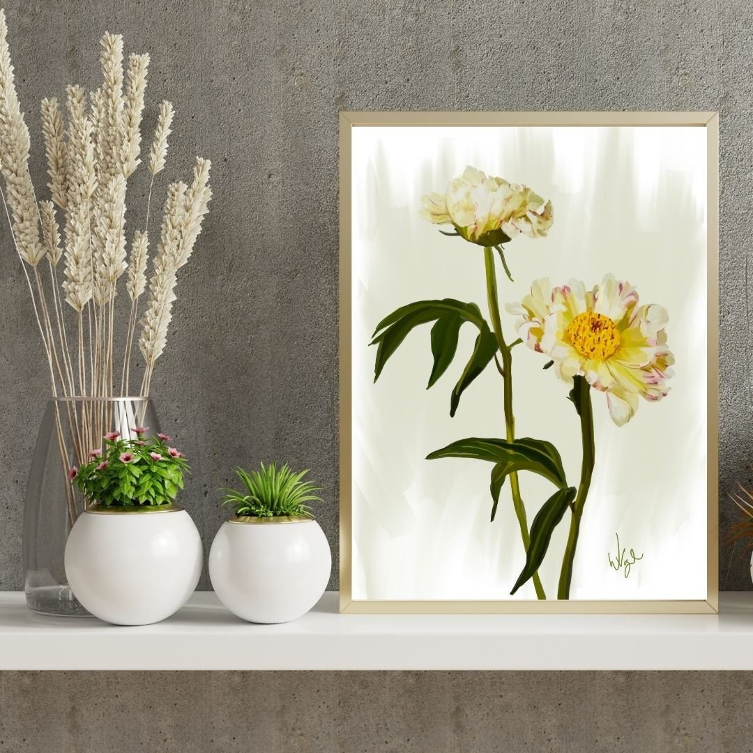 Minimalist White and Yellow Peony Flowers | Boho Flower Market Poster