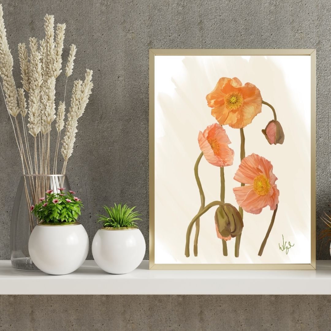 Vintage Botanical Coral Poppies | Framed Art Print