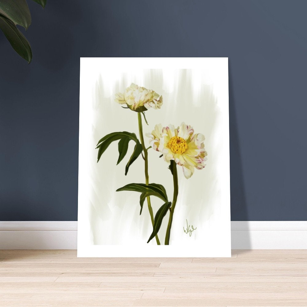 Minimalist White and Yellow Peony Flowers | Boho Flower Market Poster