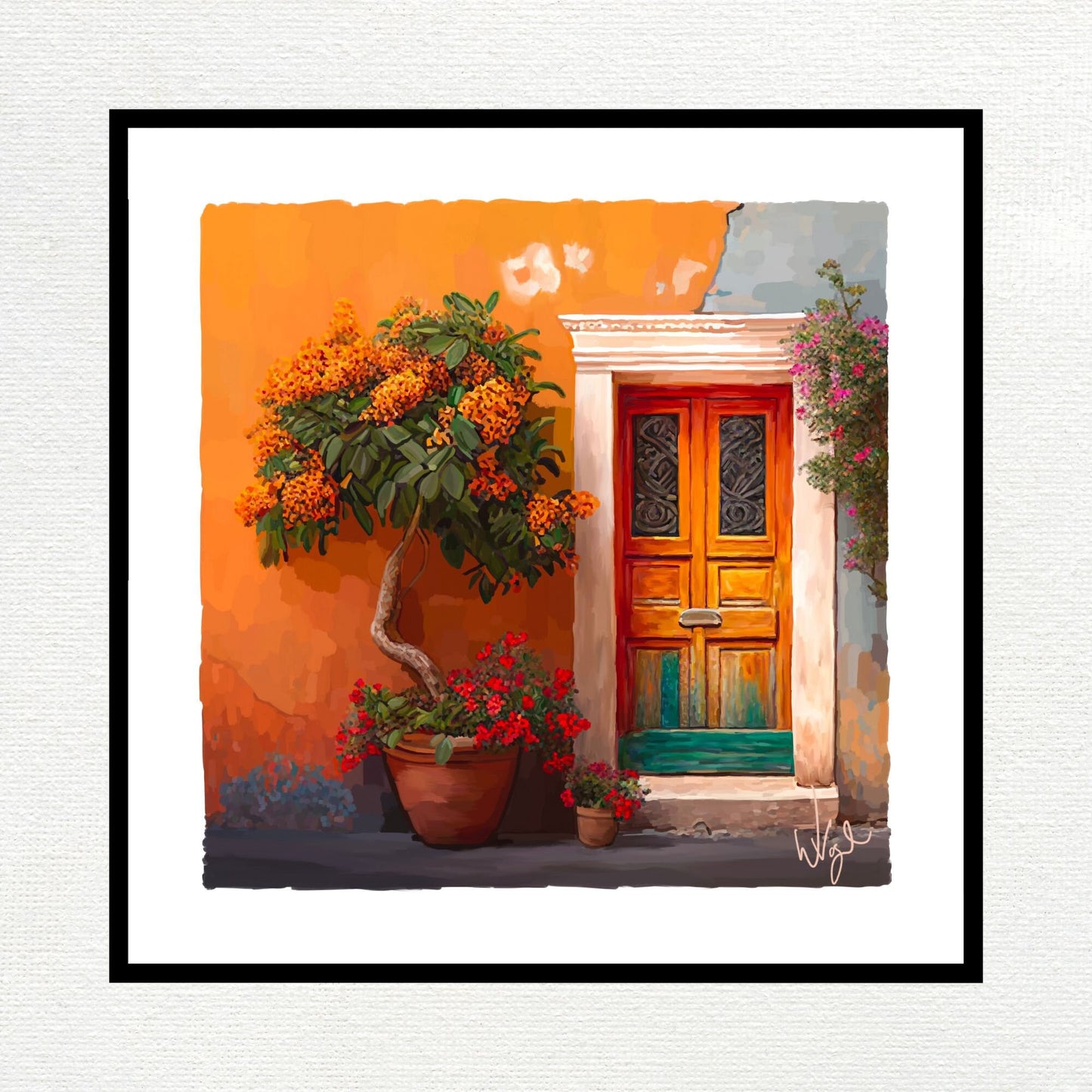 Mediterranean Orange and Teal Rustic Door | Maximalist Art Poster